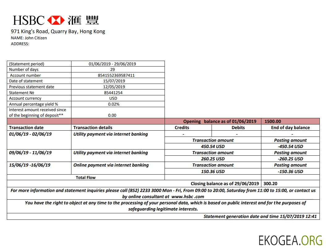 Modèle de relevé bancaire HSBC de Hong Kong facile à remplir au format Word et PDF